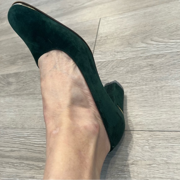 SAKS 5TH AVENUE Pump Fat Heel Suede Brass Square-Toe Forest Green 6AA Vintage​ - Picture 12 of 12
